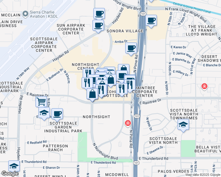 map of restaurants, bars, coffee shops, grocery stores, and more near 8688 East Raintree Drive in Scottsdale