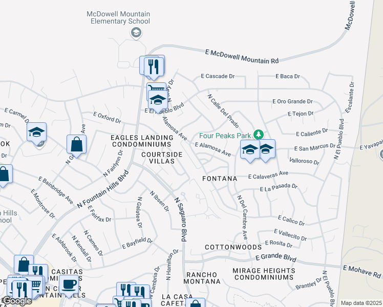 map of restaurants, bars, coffee shops, grocery stores, and more near 14631 North Kings Way in Fountain Hills