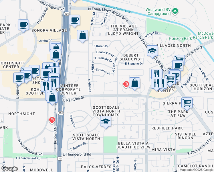 map of restaurants, bars, coffee shops, grocery stores, and more near 9100 East Raintree Drive in Scottsdale