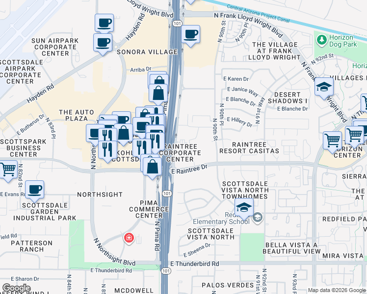 map of restaurants, bars, coffee shops, grocery stores, and more near 8888 East Raintree Drive in Scottsdale