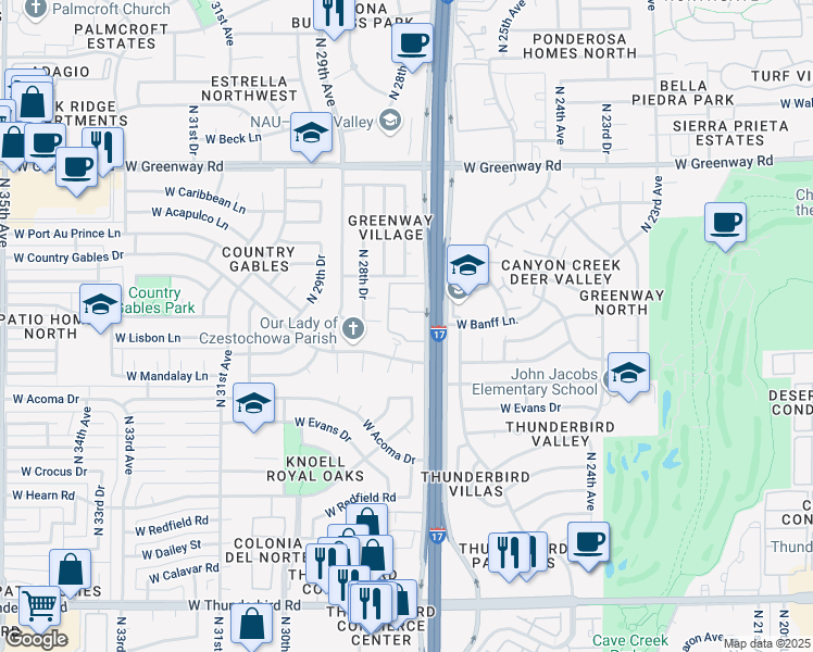 map of restaurants, bars, coffee shops, grocery stores, and more near 14830 North Black Canyon Highway in Phoenix