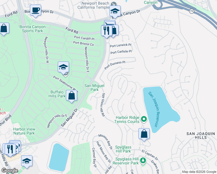 map of restaurants, bars, coffee shops, grocery stores, and more near 80 Harbor Ridge Drive in Newport Beach