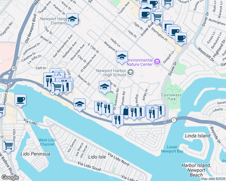 map of restaurants, bars, coffee shops, grocery stores, and more near 2000 Cliff Drive in Newport Beach