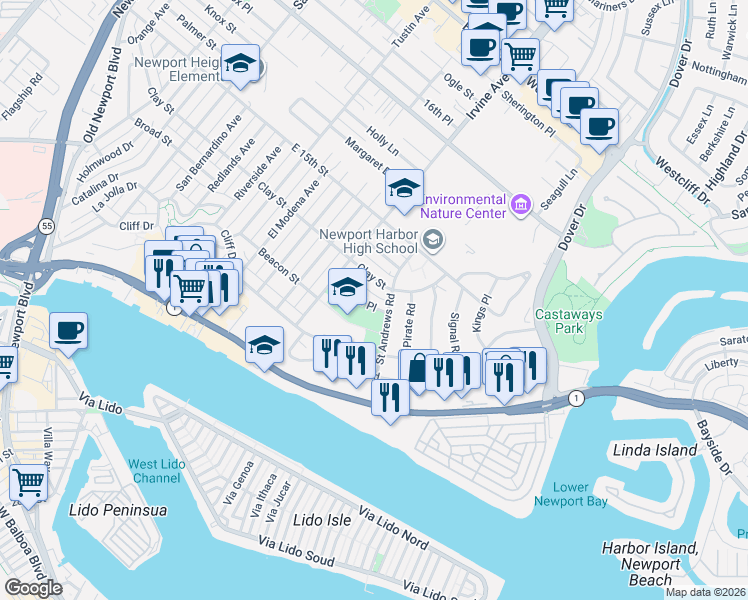 map of restaurants, bars, coffee shops, grocery stores, and more near 2000 Cliff Drive in Newport Beach