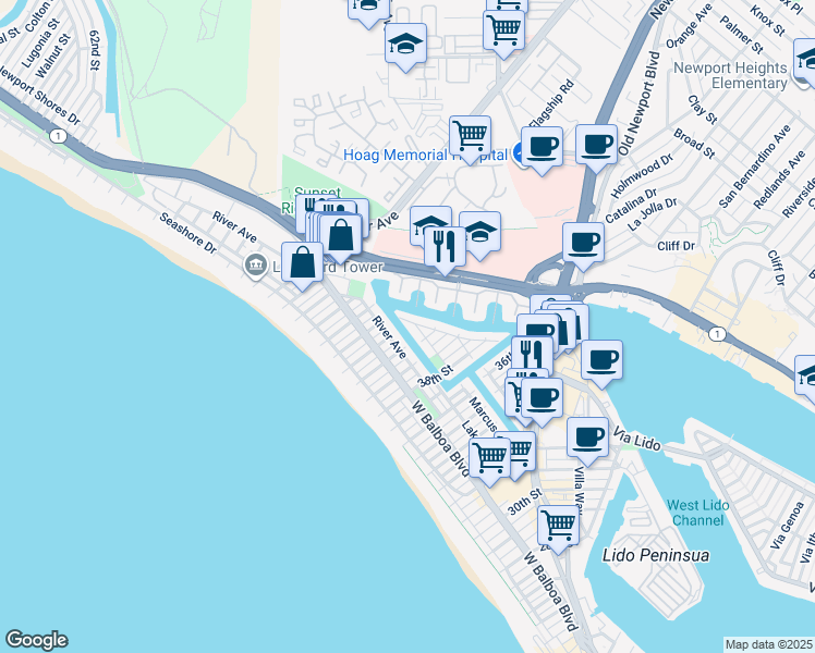 map of restaurants, bars, coffee shops, grocery stores, and more near 212 41st Street in Newport Beach