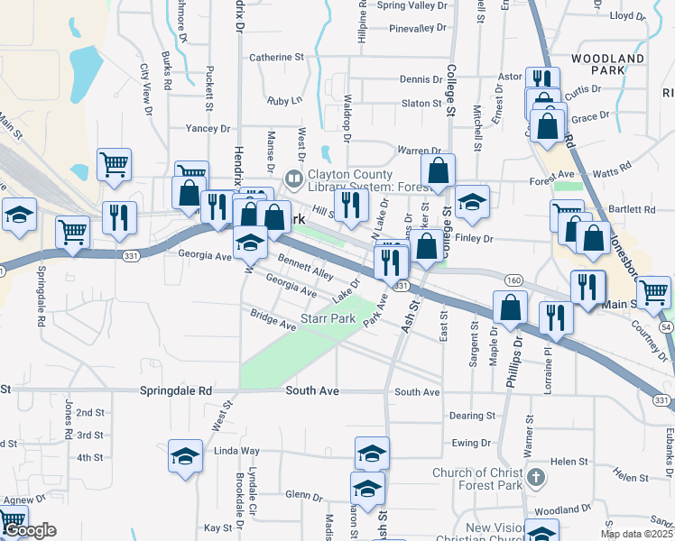 map of restaurants, bars, coffee shops, grocery stores, and more near 726 Georgia Avenue in Forest Park