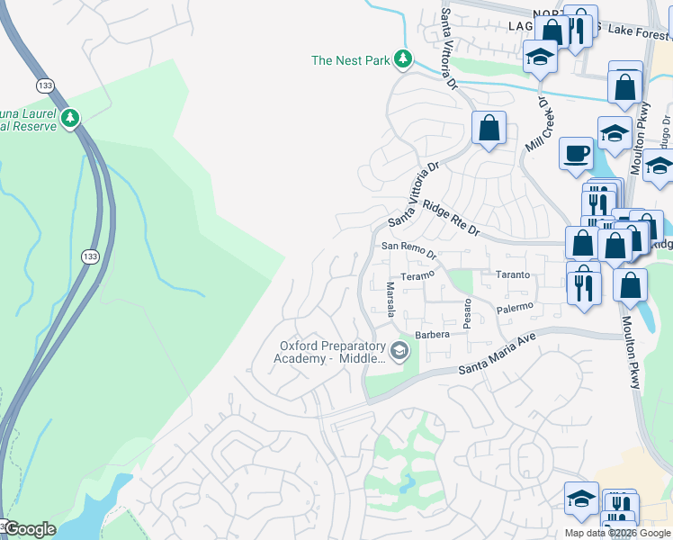 map of restaurants, bars, coffee shops, grocery stores, and more near 5295 Avenida Del Sol in Laguna Woods