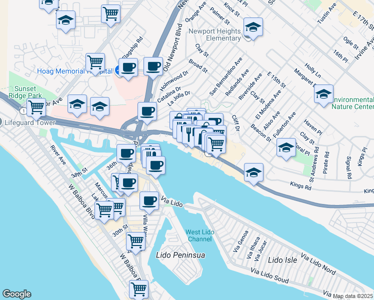 map of restaurants, bars, coffee shops, grocery stores, and more near 2801 West Coast Highway in Newport Beach