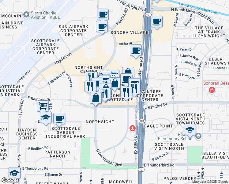 map of restaurants, bars, coffee shops, grocery stores, and more near 8688 East Raintree Drive in Scottsdale