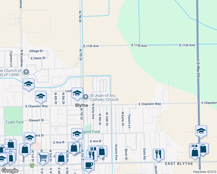 map of restaurants, bars, coffee shops, grocery stores, and more near 630 North 10th Street in Blythe