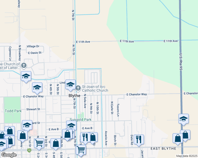 map of restaurants, bars, coffee shops, grocery stores, and more near 630 North 10th Street in Blythe