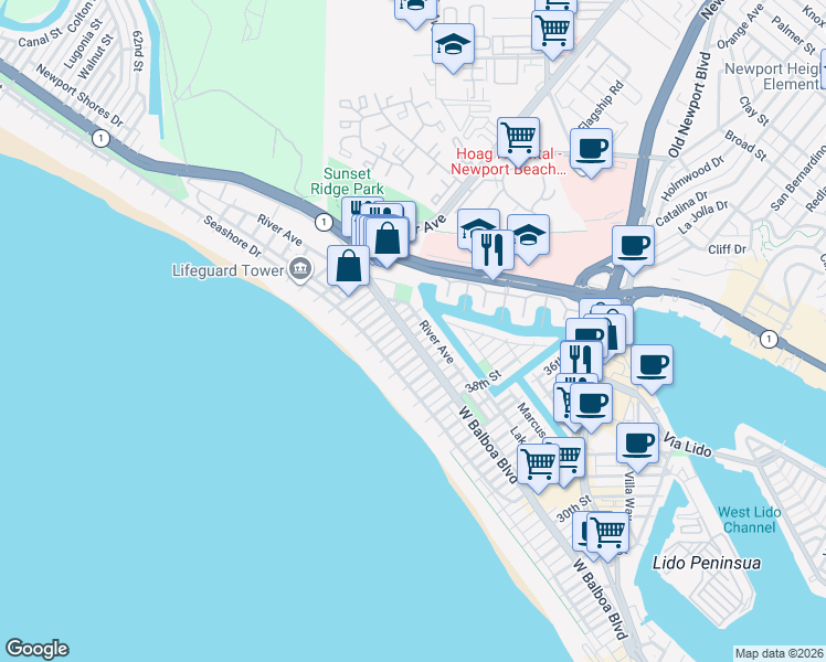 map of restaurants, bars, coffee shops, grocery stores, and more near 205 42nd Street in Newport Beach