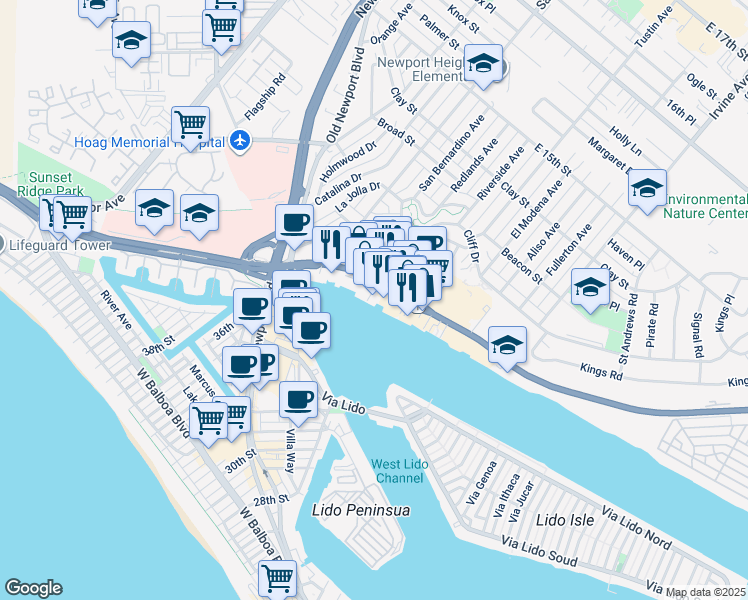 map of restaurants, bars, coffee shops, grocery stores, and more near 2801 West Coast Highway in Newport Beach
