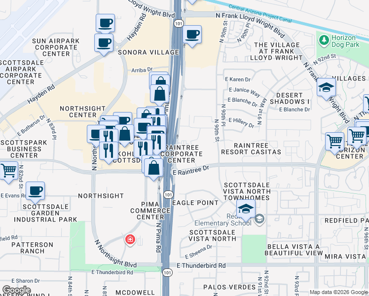 map of restaurants, bars, coffee shops, grocery stores, and more near 8888 East Raintree Drive in Scottsdale
