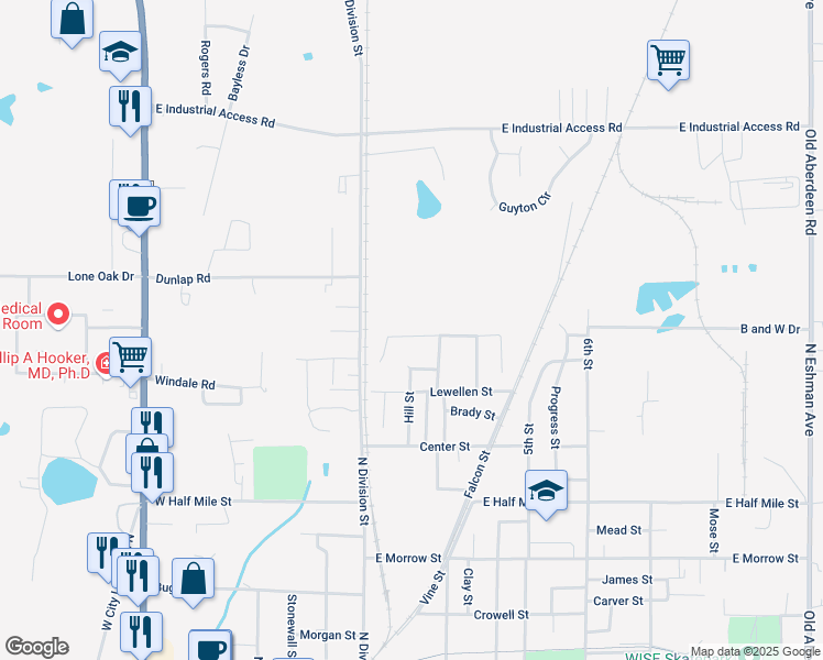 map of restaurants, bars, coffee shops, grocery stores, and more near 221 Bulldog Street in West Point