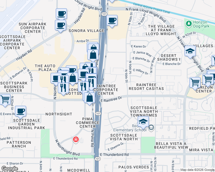 map of restaurants, bars, coffee shops, grocery stores, and more near 8888 East Raintree Drive in Scottsdale