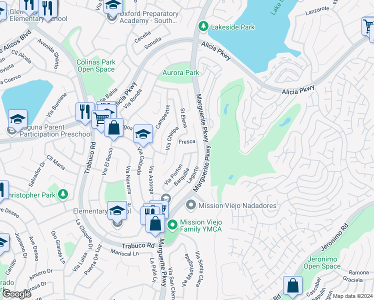 map of restaurants, bars, coffee shops, grocery stores, and more near 27451 Ganso in Mission Viejo
