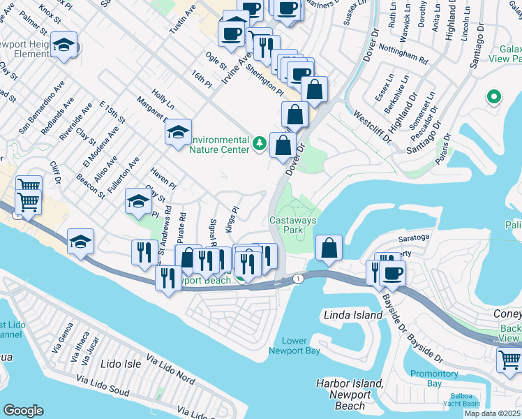 map of restaurants, bars, coffee shops, grocery stores, and more near 702 Saint James Place in Newport Beach