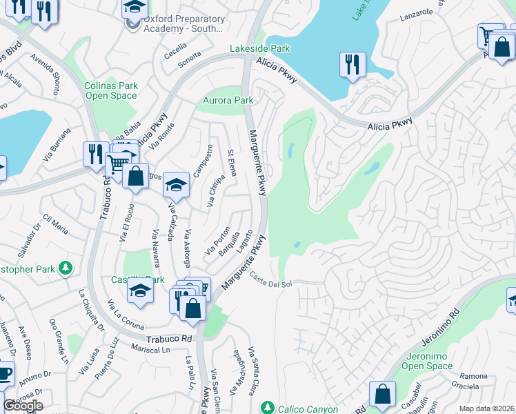 map of restaurants, bars, coffee shops, grocery stores, and more near 23682 Lagarto in Mission Viejo