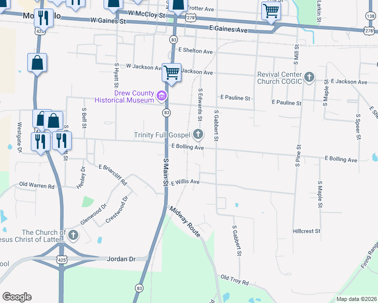 map of restaurants, bars, coffee shops, grocery stores, and more near 110 Luther Circle in Monticello