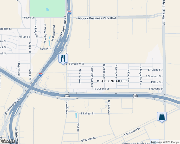 map of restaurants, bars, coffee shops, grocery stores, and more near 315 East Stanford Street in Lubbock