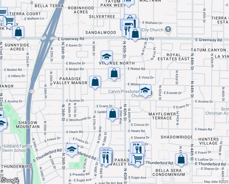 map of restaurants, bars, coffee shops, grocery stores, and more near 3830 East Acoma Drive in Phoenix