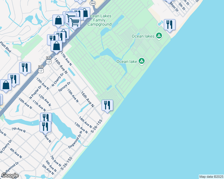 map of restaurants, bars, coffee shops, grocery stores, and more near 1021 East Sand Dollar Drive in Myrtle Beach
