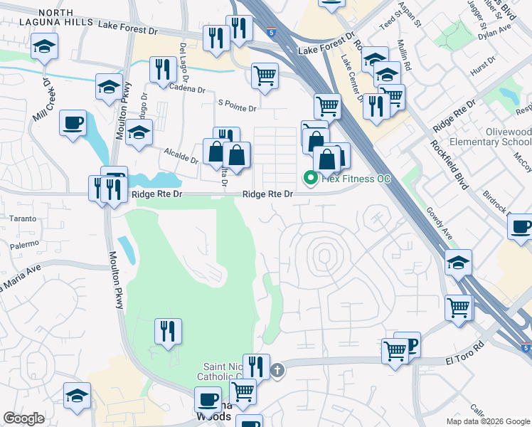 map of restaurants, bars, coffee shops, grocery stores, and more near 2403 Via Mariposa West in Laguna Woods