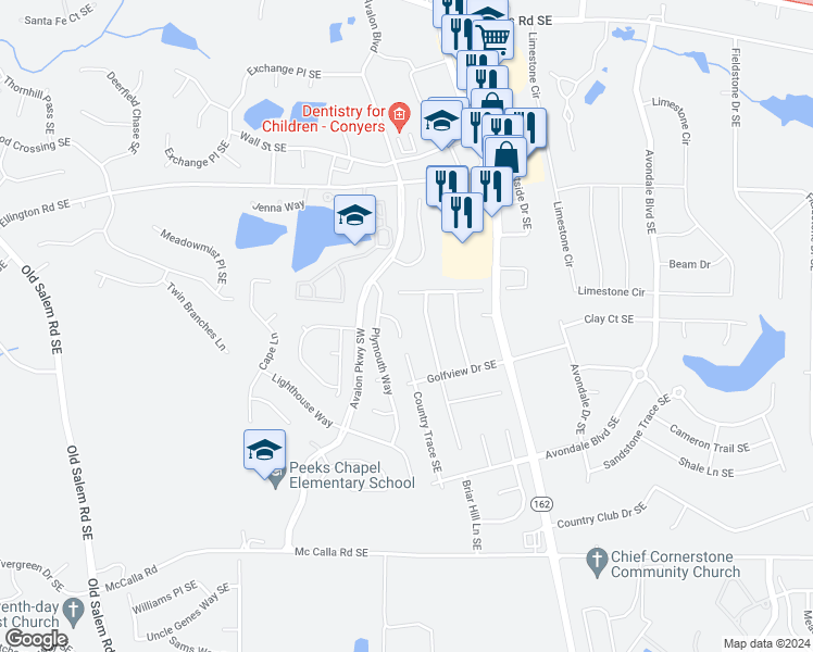 map of restaurants, bars, coffee shops, grocery stores, and more near 2620 Essex Court Southeast in Conyers