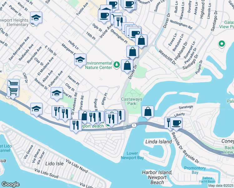 map of restaurants, bars, coffee shops, grocery stores, and more near 702 Saint James Place in Newport Beach