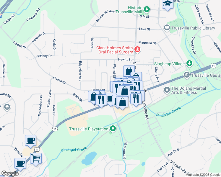 map of restaurants, bars, coffee shops, grocery stores, and more near 327 Birch Street in Trussville