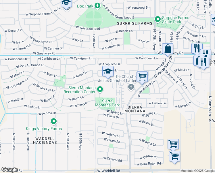 map of restaurants, bars, coffee shops, grocery stores, and more near 17825 West Sierra Montana Loop in Surprise