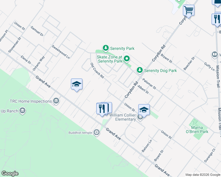 map of restaurants, bars, coffee shops, grocery stores, and more near 32640 Racquet Club Way in Lake Elsinore