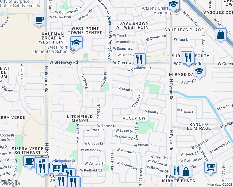 map of restaurants, bars, coffee shops, grocery stores, and more near 13438 West Port Royale Lane in Surprise
