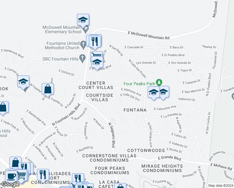 map of restaurants, bars, coffee shops, grocery stores, and more near 14631 North Kings Way in Fountain Hills