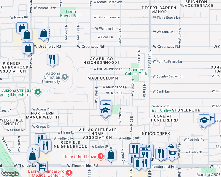 map of restaurants, bars, coffee shops, grocery stores, and more near 5321 West Banff Lane in Glendale