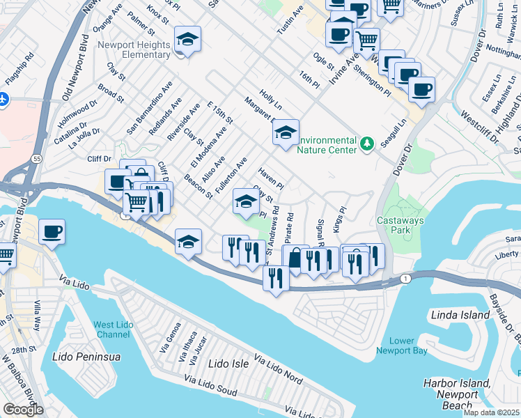 map of restaurants, bars, coffee shops, grocery stores, and more near 2000 Cliff Drive in Newport Beach