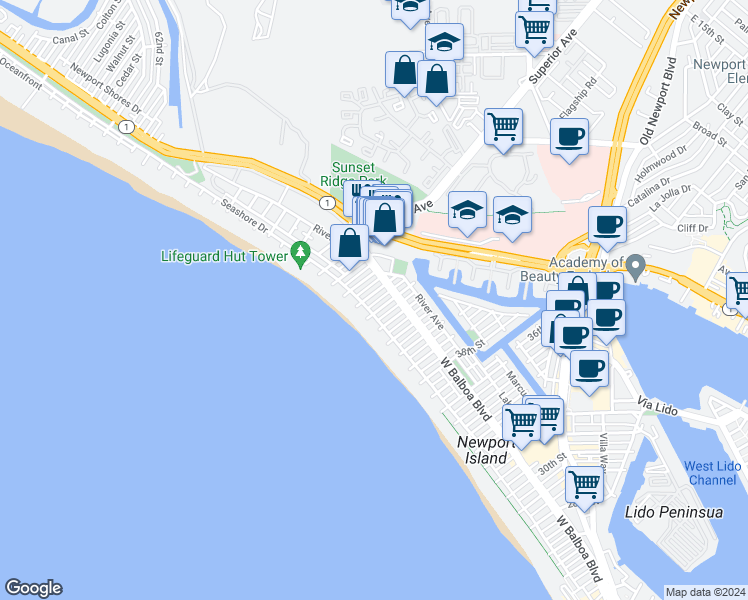map of restaurants, bars, coffee shops, grocery stores, and more near in Newport Beach