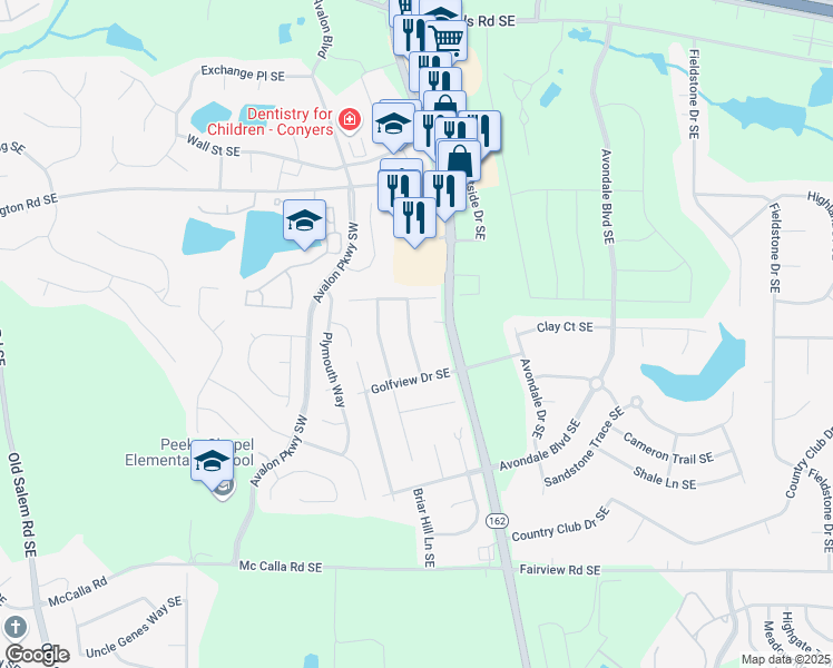 map of restaurants, bars, coffee shops, grocery stores, and more near 2607 Golfview Terrace Southeast in Conyers
