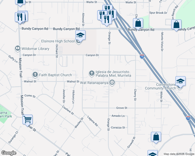 map of restaurants, bars, coffee shops, grocery stores, and more near 21870 Walnut Street in Wildomar
