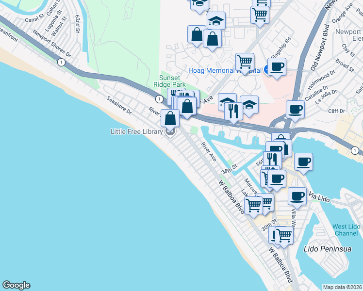 map of restaurants, bars, coffee shops, grocery stores, and more near in Newport Beach