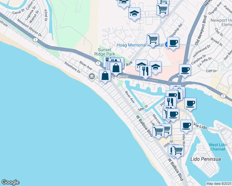 map of restaurants, bars, coffee shops, grocery stores, and more near 125 43rd Street in Newport Beach