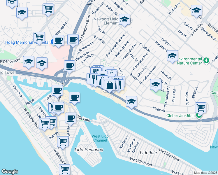 map of restaurants, bars, coffee shops, grocery stores, and more near 5 Tustin Avenue in Newport Beach