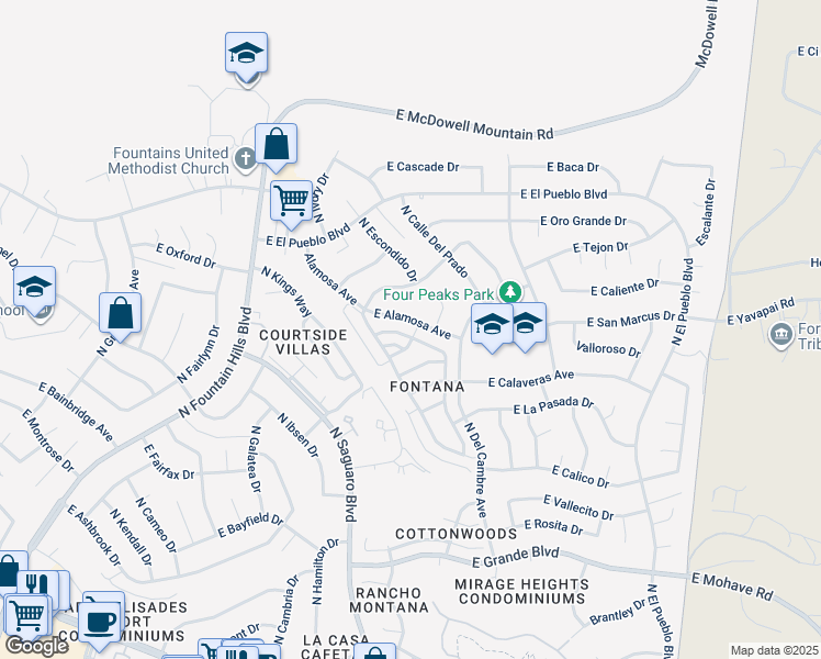 map of restaurants, bars, coffee shops, grocery stores, and more near 17034 East Calle Del Oro in Fountain Hills