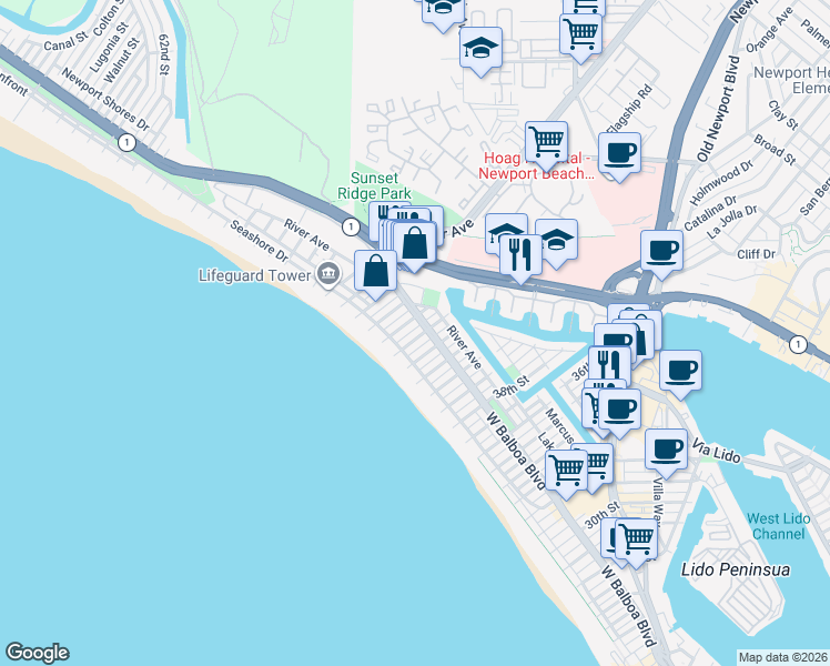 map of restaurants, bars, coffee shops, grocery stores, and more near 125 43rd Street in Newport Beach