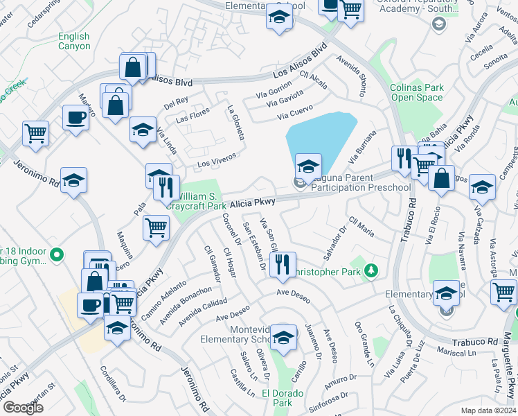 map of restaurants, bars, coffee shops, grocery stores, and more near 26401 Alhondra Place in Mission Viejo