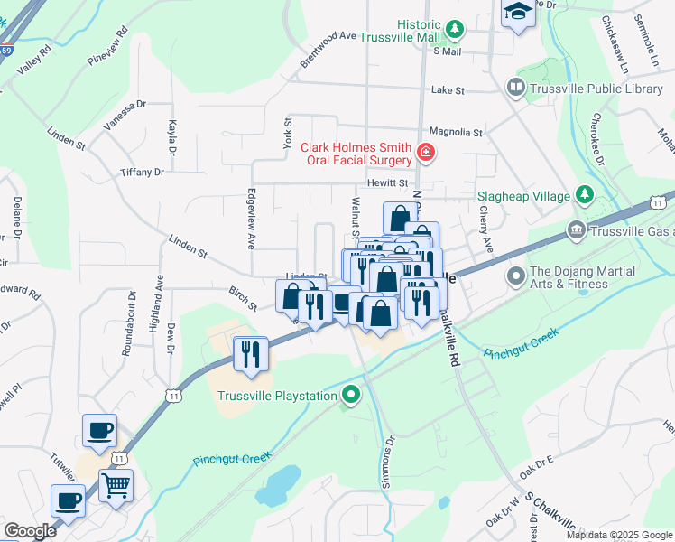 map of restaurants, bars, coffee shops, grocery stores, and more near 320 Linden Street in Trussville