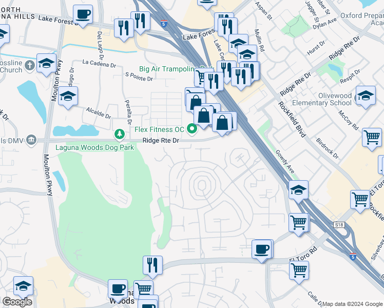 map of restaurants, bars, coffee shops, grocery stores, and more near 2381 Via Mariposa West in Laguna Woods