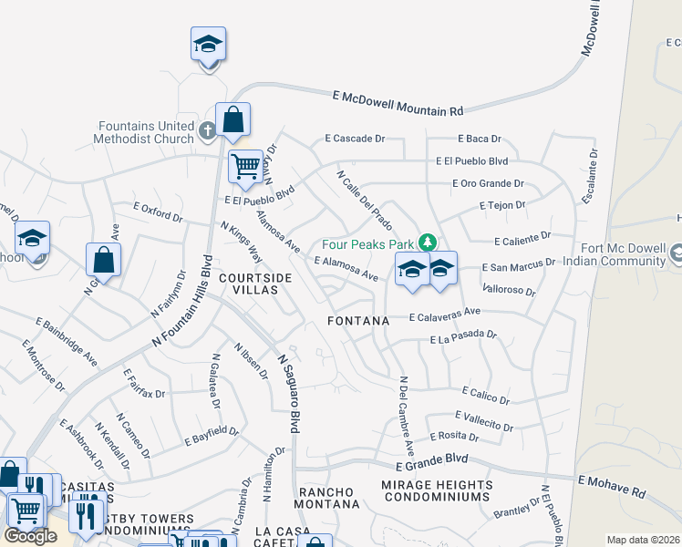 map of restaurants, bars, coffee shops, grocery stores, and more near 17019 East Calle Del Oro in Fountain Hills
