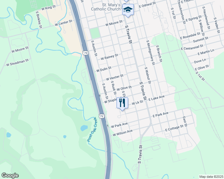 map of restaurants, bars, coffee shops, grocery stores, and more near 1505 South Austin Street in Sherman